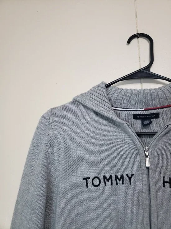 Tommy Hilfiger Womens S Sweater Gray Full Zip 100% Cotton Ribbed Spell Out Logo - Picture 3 of 6